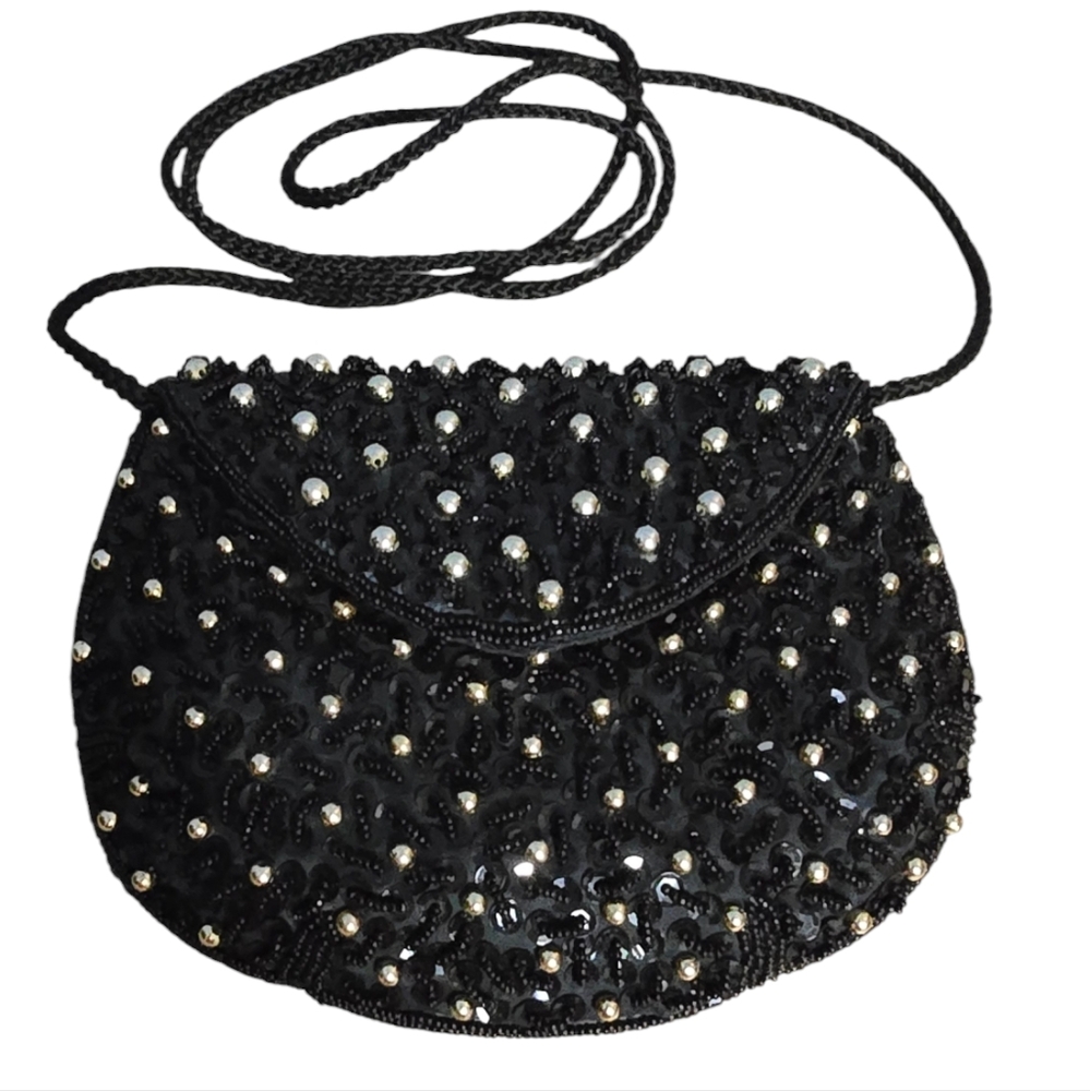 Evening Bag Beaded and Sequined Black and Gold Crossbody